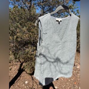 Ann Mashburn Womens Size M Vest V Neck Sleeveless Heavy Linen Frayed Edge Green